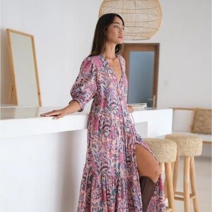 For Love And Lemons Pink and Blue Floral Wrap Maxi Dress